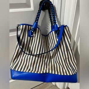 Henri Bendel Blue Stripe Canvas Tote w/ Leather Trim